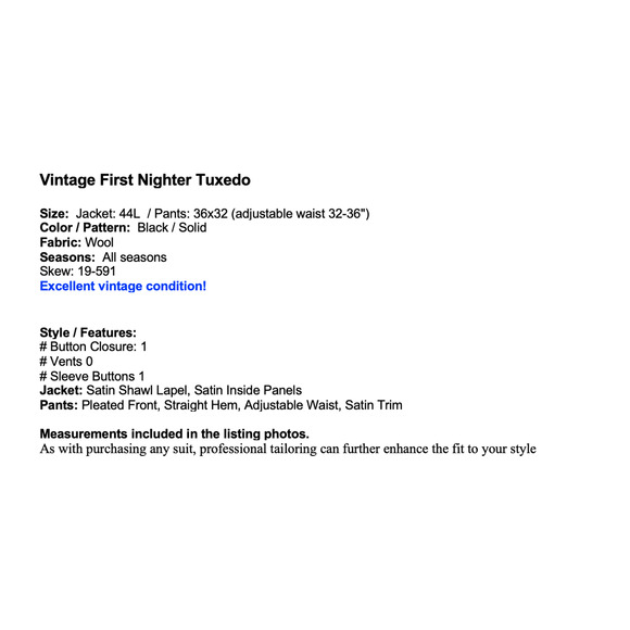 Vtg First Nighter Mens Tuxedo 44L 36x32 Black Tux Suit Adjustable Waist - Picture 2 of 16